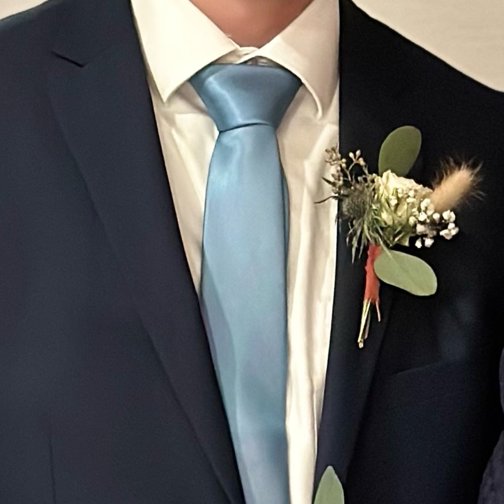 Dusty blue tie with pocket kerchief and cuff links - Picture 4 of 4